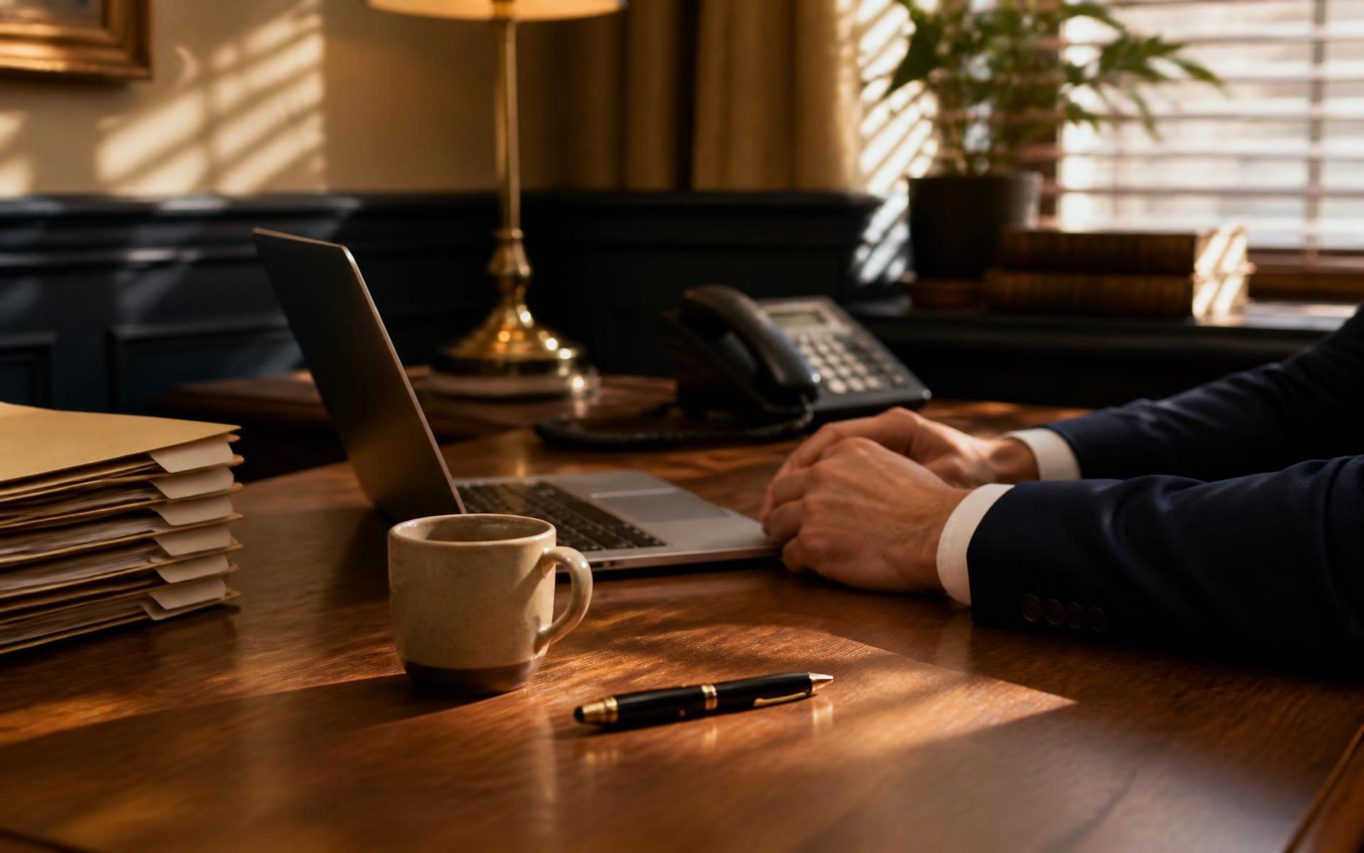 A warmly lit desk with a laptop, a telephone, and a stack of labeled client folders in an established business office.