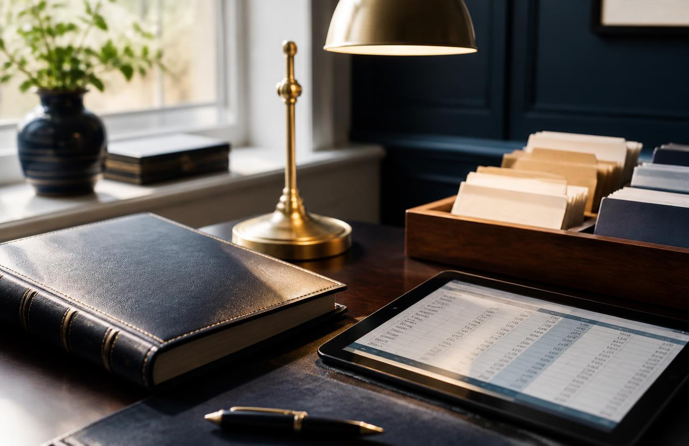 A desk with a leather ledger, a tablet, and sorted paper records, suggesting planning work in a professional office.