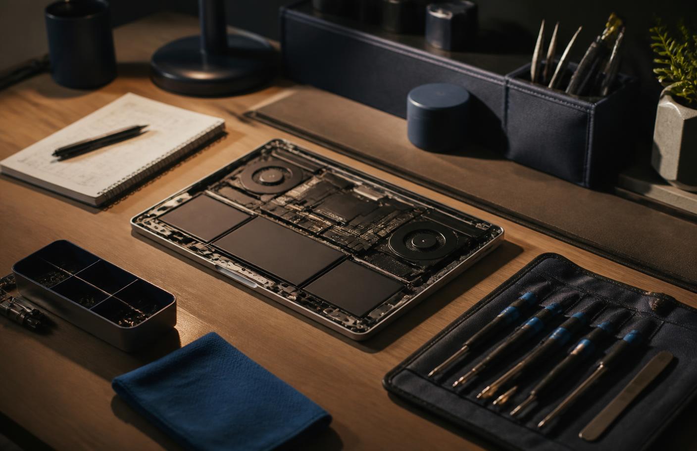 A technician's workbench with an opened laptop chassis, an ordered set of precision screwdrivers, a parts tray, and a handwritten notepad.