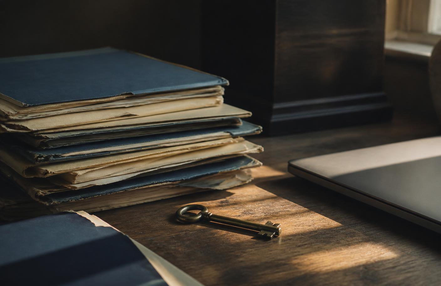 A closed laptop beside a stack of aged file folders and a brass key on a dark wooden desk in afternoon light.